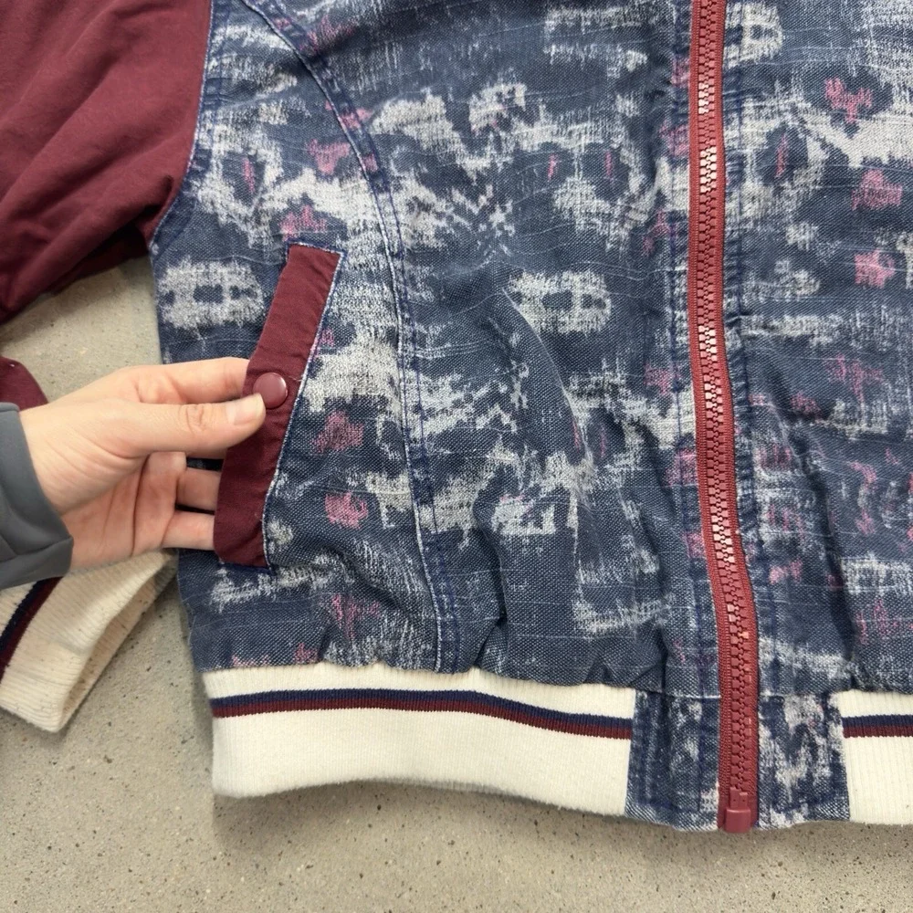 Free People Women's Bomber Jacket Varsity Dreams Linen Blend Ikat Print Sz Med
